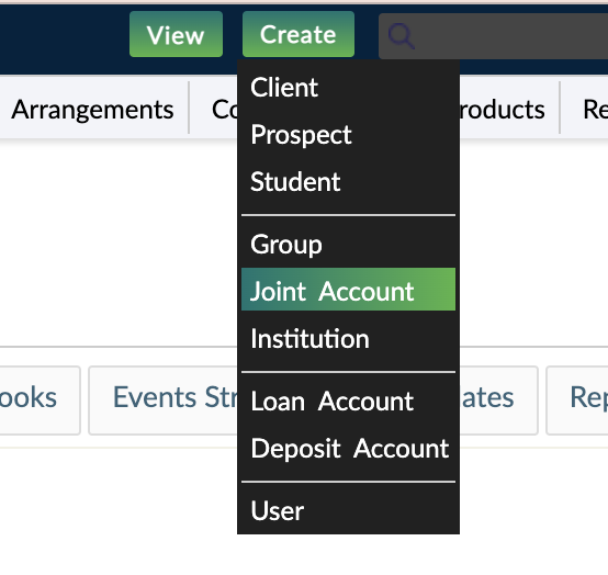The create menu with group types displayed